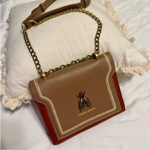 Vessana Gahon Tan Leather Chain Shoulder Bag with Gold and Jewel Beetle